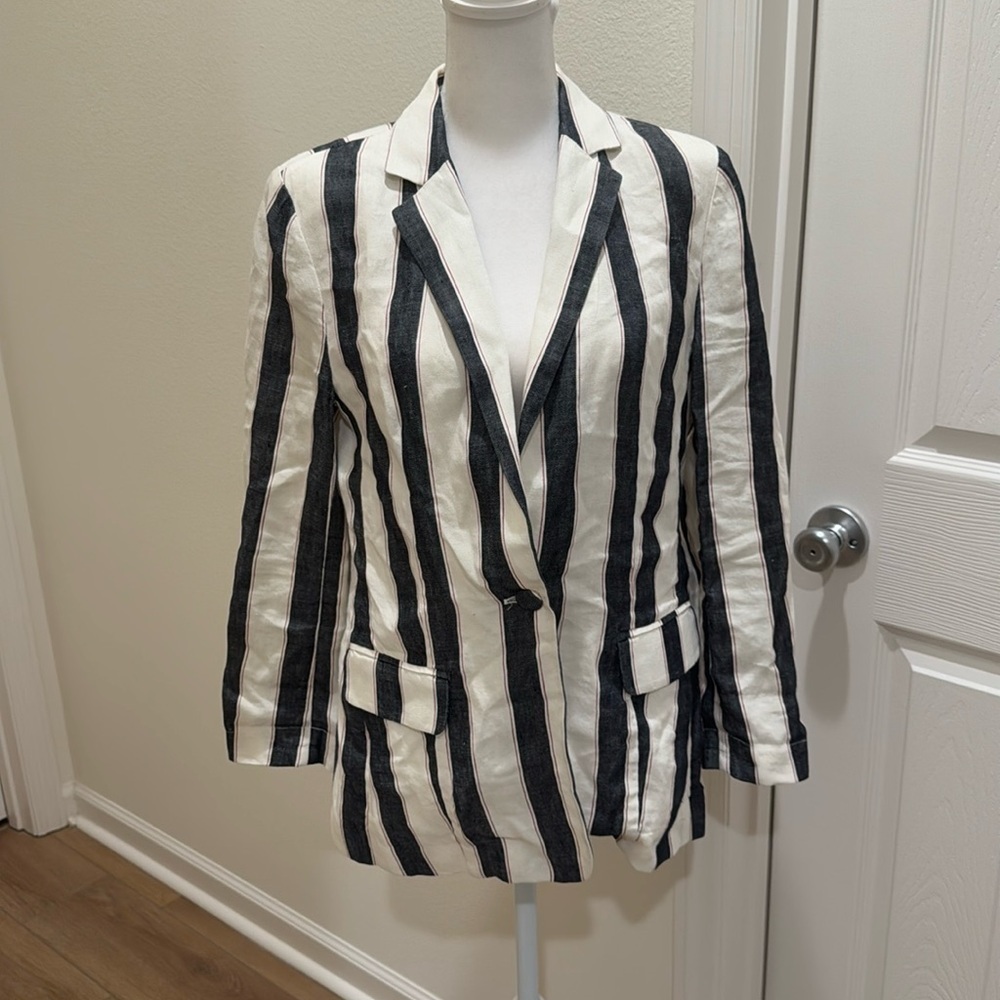 FRAME Bold Stripe Navy White Linen Blazer Sz 4 - Picture 2 of 16